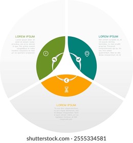 Modern circular infographic design divided into three sections with icons and placeholder text. Ideal for business, marketing, or data visualization presentations
