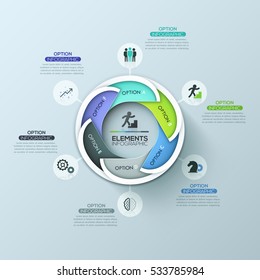 Modern circular infographic design layout with 6 lettered overlapping elements connected with text boxes. Production cycle business concept. Vector illustration for presentation, brochure, report.