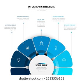 A modern circular infographic featuring six segments with icons and text placeholders. The design highlights a clean, professional look ideal for data visualization or presentations.