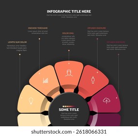 Una infografía circular moderna con seis segmentos con iconos y marcadores de posición de texto. El diseño destaca un aspecto limpio y profesional ideal para la visualización de datos o presentaciones.