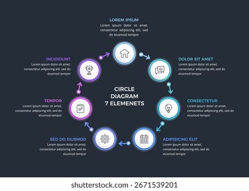 Moderne kreisförmige Infografik mit sieben verbundenen Elementen, dunkler Hintergrund, Vektorgrafik eps10