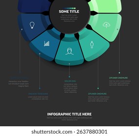 Modern circular infographic template featuring colorful segments with icons and text placeholders for presentations. This infographic template is ideal for data visualization.