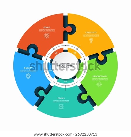 Modern circular infographic template with five connected puzzle segments. Vector diagram with 5 steps, parts, options. Can be used for business report, analytics, data visualization and presentation.