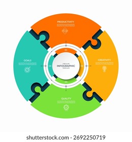 Moderna Plantilla de infografía circular con cuatro segmentos de rompecabezas conectados. Diagrama de Vector con 4 pasos, piezas, opciones. Se puede utilizar para informes de negocio, análisis, visualización de datos y presentación.