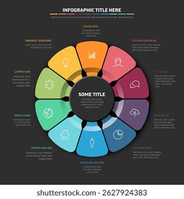 Modelo de infográfico circular moderno com informações em 8 segmentos com ícones. O design oferece um layout infográfico circular claro com 8 segmentos perfeitos para etapas, partes ou opções.