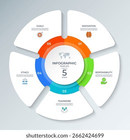 Modern circular infographic vector diagram divided into 5 steps. Each section includes icons, numbers, text placeholders. Can be used for business strategy, corporate presentations or project planning
