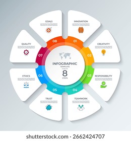 Diagrama de vetor infográfico circular moderno dividido em 8 passos. Cada seção inclui ícones, números e espaços reservados para texto. Pode ser usado para estratégia de negócios, apresentações corporativas ou planejamento de projetos