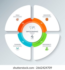 Diagrama de Vector de infografía circular moderno dividido en 4 pasos. Cada sección incluye iconos, números, marcadores de posición de texto. Se puede utilizar para la estrategia de negocios, presentaciones corporativas o planificación de proyectos