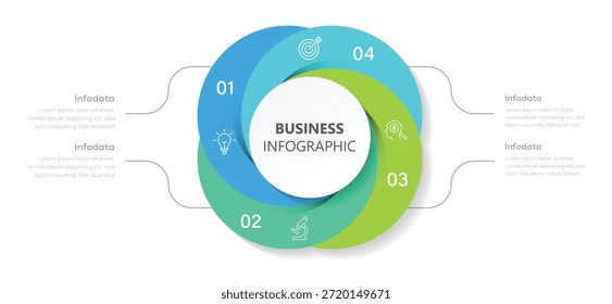 Diagrama de vetor infográfico circular moderno com 4 passos ou opção. Gráfico redondo que pode ser usado para relatório, análise comercial, visualização e apresentação de dados.