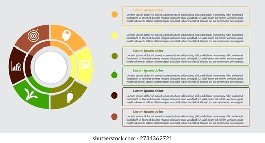 Modern circular infographic vector template with colorful segmented diagram, icons, and editable text boxes. Ideal for business presentation, workflow visualization, strategy planning, and marketing reports