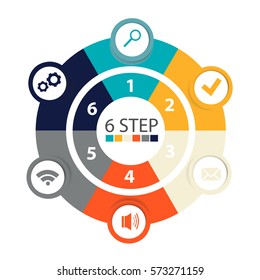 Modern circular infographics of 6 steps, segments for annual reports, charts, presentations, web design with symbols and space for text