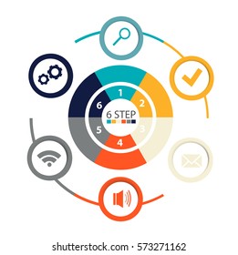 Modern circular infographics of 6 steps, segments for annual reports, charts, presentations, web design with symbols and space for text