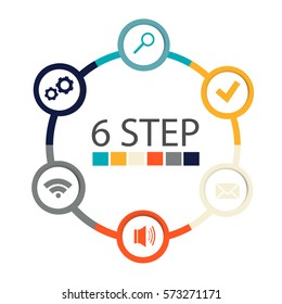 Modern circular infographics of 6 steps, segments for annual reports, charts, presentations, web design with symbols and space for text
