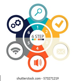 Modern circular infographics of 6 steps, segments for annual reports, charts, presentations, web design with symbols and space for text
