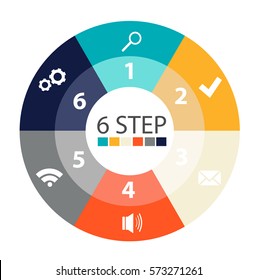 Modern circular infographics of 6 steps, segments for annual reports, charts, presentations, web design with symbols and space for text