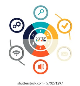 Modern circular infographics of 6 steps, segments for annual reports, charts, presentations, web design with symbols and space for text