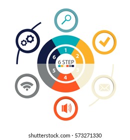 Modern circular infographics of 6 steps, segments for annual reports, charts, presentations, web design with symbols and space for text