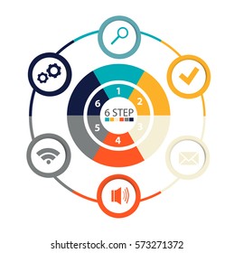 Modern circular infographics of 6 steps, segments for annual reports, charts, presentations, web design with symbols and space for text