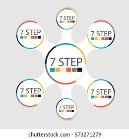 Modern circular infographics of 7 steps, segments for annual reports, charts, presentations, web design with symbols and space for text