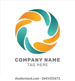 A modern circular logo with intertwining teal and orange shapes forming a swirl. Suitable for corporate branding, creative agencies, or technology companies.

