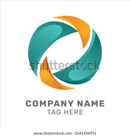 A modern circular logo with teal and orange swooshes forming a dynamic, abstract shape. Below it, placeholder text reads "Company Name" and "Tag Here" in bold, clean fonts.

