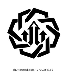 Modern circular logo with upward arrows and angular segments, representing growth, progress, and forward movement