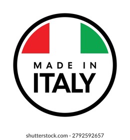Modern circular Made in Italy label featuring the Italian flag colors and bold typography inside a clean black border. Perfect for product packaging, country of origin marking, Italian manufacturing, export goods, retail branding, premium merchandise, quality assurance labels, and authentic Italian-made products.