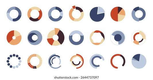 Modern circular pie charts set. Vector isolated progress ring indicators for dashboards, analytics panels and mobile apps. Radial meters and time trackers, loading circles and segmented diagrams