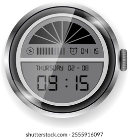 A modern circular smartwatch face featuring a monochrome digital display with battery status, alarm time, and current date