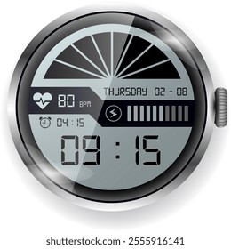 A modern circular smartwatch face featuring a monochrome digital display with integrated heart rate monitor, battery status, and alarm time.