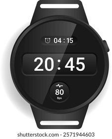 A modern circular smartwatch interface with a sleek black design showcasing the current time, heart rate in BPM, and an alarm countdown