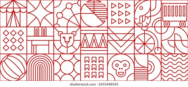 Modern circus line geometric pattern. Vector grid abstract background with lion, monkey or elephant, funfair and carnival cart, Ferris wheel, carousel, ball, flags and waves in fun naive linear style