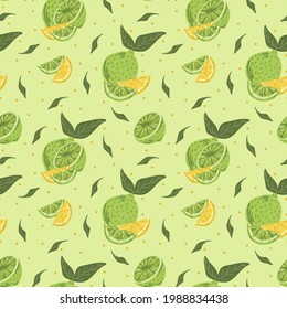 Modernes Zitrusmuster. Vektorhintergrund mit Zitronen und Kalk für Textilien. Geräumiges Muster mit gelben und grünen Früchten. Vektorgrafik