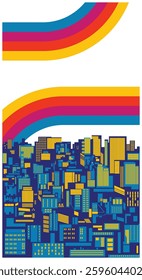 Modern City 1980s Style Poster, Vintage Color Stripes, Cityscape Background. 80s Colors and Shapes