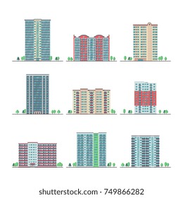 Modern city apartment buildings flat vector set. Building skyscraper apartment, urban home residential illustration