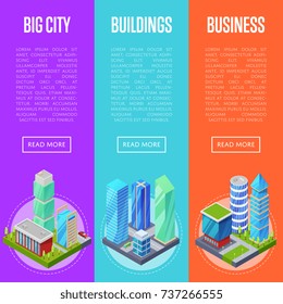 Modern city architecture banners set. Apartment, office, houses and streets with urban traffic movement of car with trees and nature isometric objects. Downtown business district vector illustration.