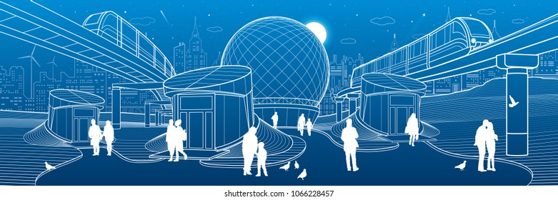 Modern city architecture infrastrucrure. Entrance to the underpass. Futuristic urban illustration. Trains ride on bridges. People walking at street. Airplane fly. Night town. Vector design art
