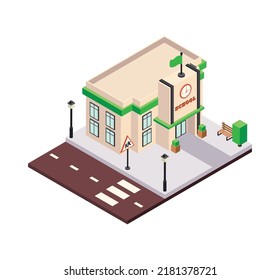 Modern city architecture isometric buildings composition with platform piece of street pavement and house vector illustration
