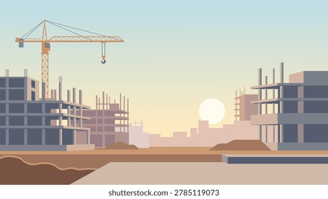 Modern city architecture under construction background. Vector landscape of unfinished concrete buildings, civil engineering, and infrastructure development.