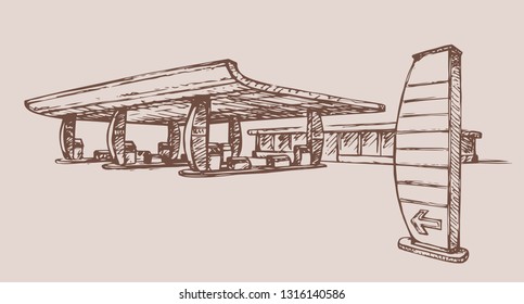 Modern City Automotive Gas Station Isolated On White Sky Background. Freehand Line Black Ink Hand Drawn Sign Icon Symbol Sketch In Art Doodle Graphic Style Pen On Paper Space For Text