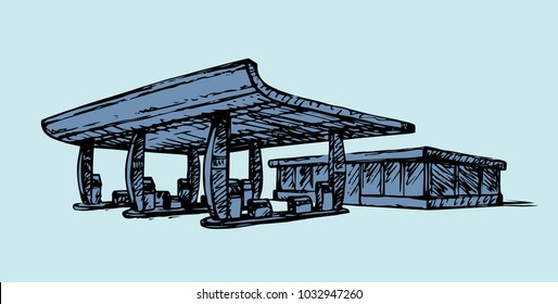 Modern city automotive octane store isolated on white background. Outline ink hand drawn picture sketch in art doodle contour graphic style pen on paper with space for text on sky