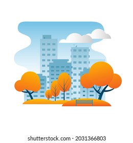 Modern city with autumn trees. Vector icon illustration on the theme of autumn in the city.