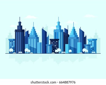 Modern City Background with Blue Skyscrapers. Flat Design Style. 