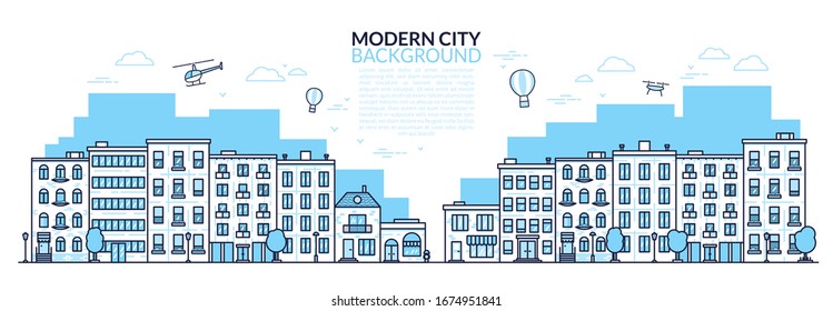 Moderna plantilla de fondo de ciudad para su diseño.  Paisaje urbano con casas residenciales y tiendas. Ilustración vectorial monocroma de estilo de arte en línea delgada aislada en fondo blanco