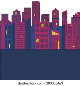 Modern city with big office buildings. Architectural flat vector template. Bright skyscrapers on the background.