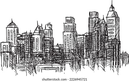 Modern city black and white hand drawn illustration, urban lineart, vector