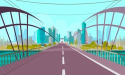 Modern City Bridge Flat Vector Illustration. Bridgework Over River. Empty Highway With No People And Transport. Urban Architecture, Landscape With Skyscrapers. Road To Metropolis Front View