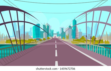 Modern city bridge flat vector illustration  Bridgework over river  Empty highway and no people   transport  Urban architecture  landscape and skyscrapers  Road to metropolis front view
