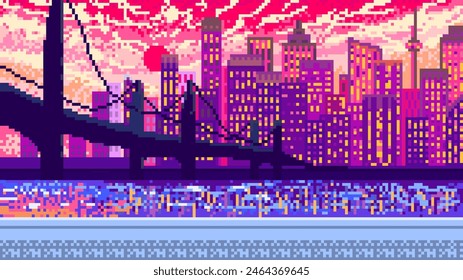 Ciudad moderna. Puente y rascacielos y nubes. Pixel art objetos de 8 bits. Fondo de paisaje rosa para la aplicación o un Sitio web. Cartel de juego retro. Anuncio Video de Antiguas para equipo