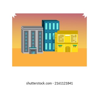 Edificio urbano moderno al atardecer, ilustración vectorial al estilo de las caricaturas